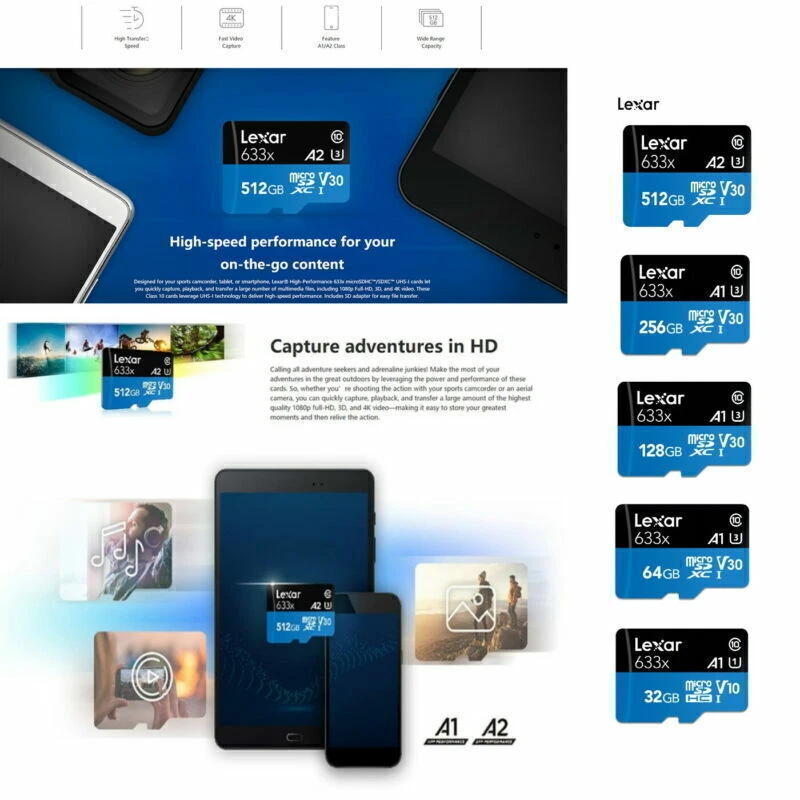 Lexar 633X 16GB 32GB 64GB TF Memory Card U3 V10/V30 A1/A2 C10 MicroSD XC CARD - Image 2 of 4