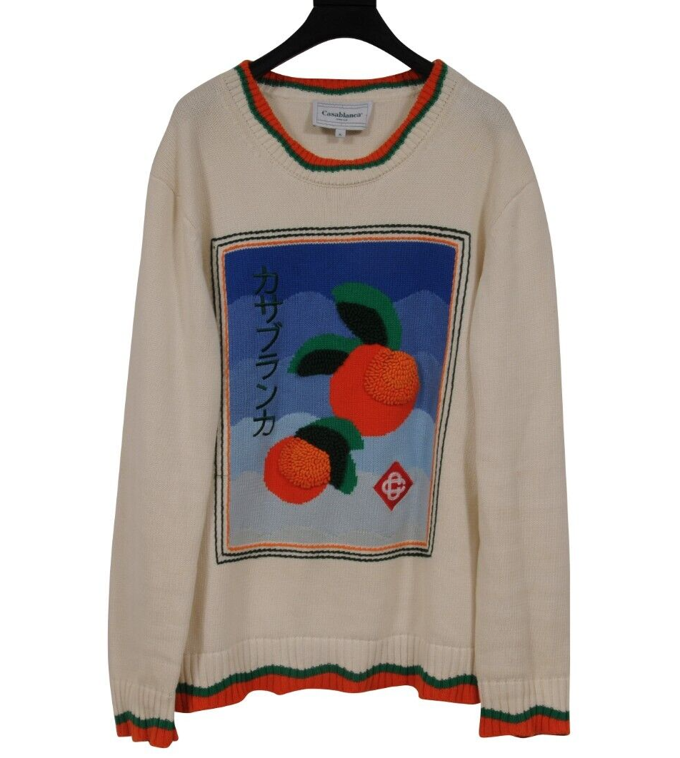 Casablanca Men Intarsia Knitted Orange Fruit Sweater XL White Tan