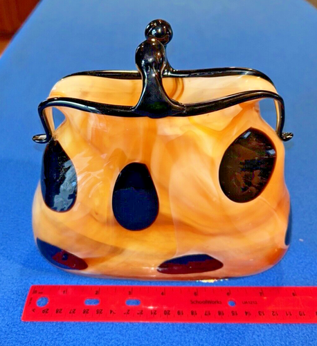Murano Style Art Glass Coin Purse Italian Mouth Hand Blown Vase Gold and Black - Picture 11 of 13