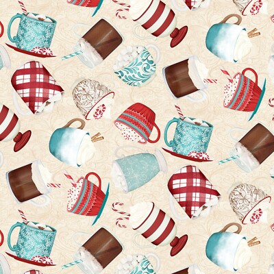 BTY Cuppa Cocoa Hot Chocolate Cup Cream Premium Cotton Fabric By The Yard