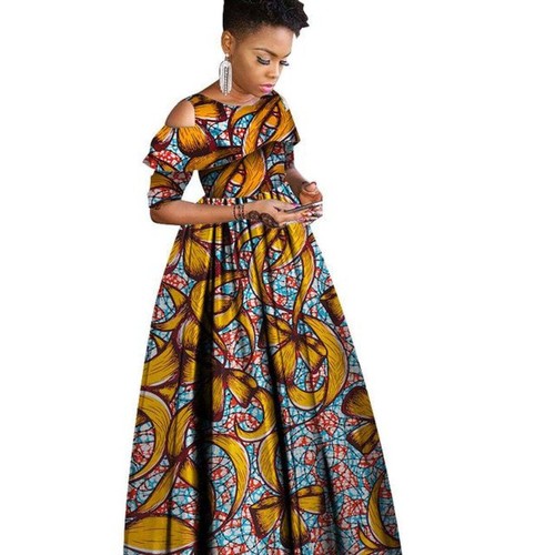 African Clothing Ruffles Collar Short Sleeve Long Dress Women Cotton X11420 - Picture 12 of 12