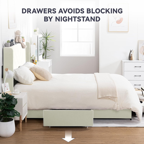 King Size Metal Bed Frame with Upholstered Headboard, Storage Drawers, USB & Typ - Picture 7 of 9