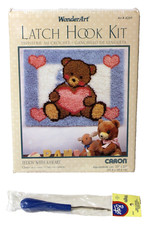 Vintage Caron Teddy With A Heart Latch Hook Rug Kit with Tool