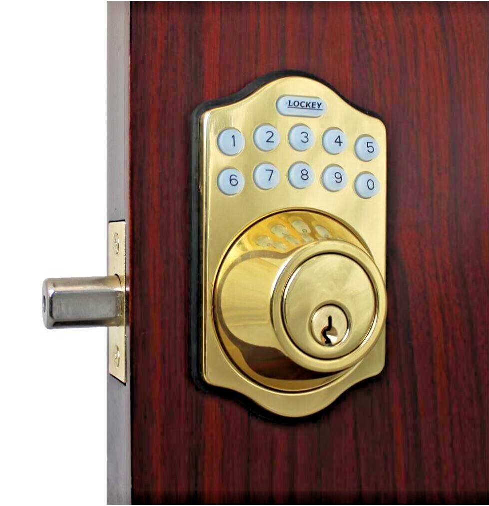 Keyless Bright Brass Electronic Deadbolt with Remote Access by Lockeyusa E910  -image