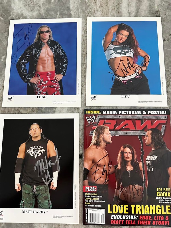 WWE RAW Magazine Autographed by Edge, Lita, Matt Hardy and 3 Autographed 8x10s!