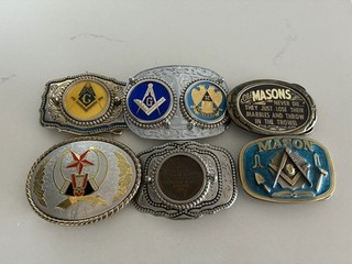 Lot of 6 Masonic Freemason Belt Buckles Assorted Designs Square & Compass G 1987