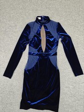 House Of CB Davita Dress Womens Small Blue Velvet Cutout Mock Neck Bodycon
