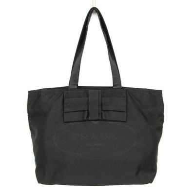 Prada Tessuto Ribbon Black Nylon Leather Tote Bag Shoulder Strap Authenic