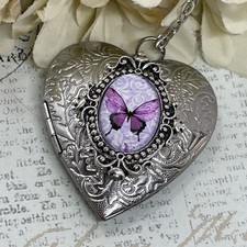 SLTONE Heart Locket Necklace Purple Butterfly Anniversary Gift Wife Mom Photo