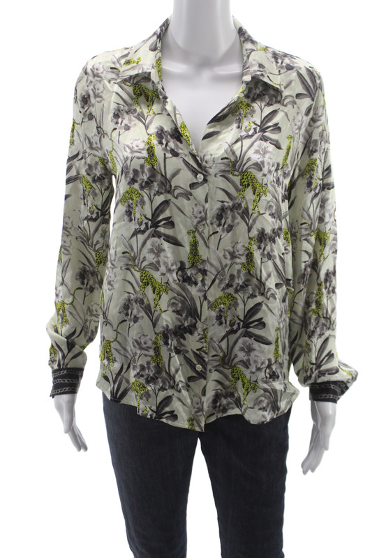 L'Agence Womens Silk Animal Print Collared Button-Up Multicolor Size M