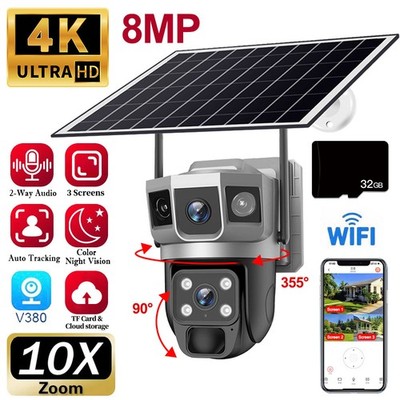 32GB Solar Power PTZ Camera 10X ZOOM Wireless 3-Screen WiFi Auto Tracking Cam