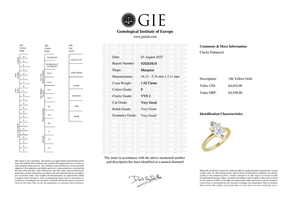 1.02 Ct Marquise Cut VVS2/F Solitaire Diamond Engagement Ring 14K Yellow Gold - Image 3 of 4