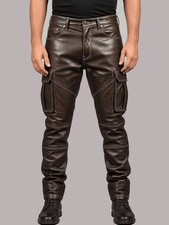 Men's Dark Brown Genuine Leather Cargo Pants Custom Fit Tailored Trousers