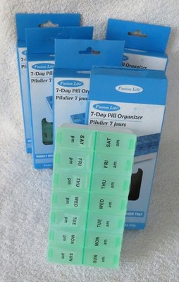 LOT of FIVE (5), SEVEN-DAY PILL ORGANIZERS for TWICE-A-DAY MEDS, SNAP LIDS, NEW