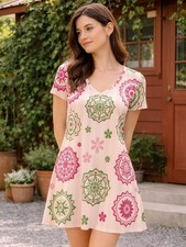 Womens V Neck Floral Short Sleeve Dress Casual Resort Vacation Sundress Soft