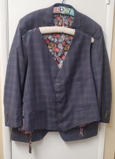 Indochino Mens Wool Sport Coat Sz 36 P with Vest Skull Lining Tatersall Blue