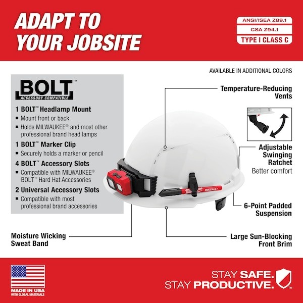 Milwaukee Tool 48-73-1228 Bolt Red Front Brim Vented Hard Hat W/6Pt Ratcheting