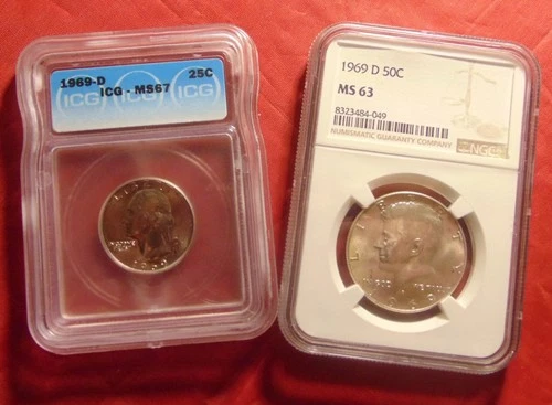 LOT (2 COINS) 1969 D Kennedy NGC MS63 & 1969 D Washington ICG MS67, NICE!