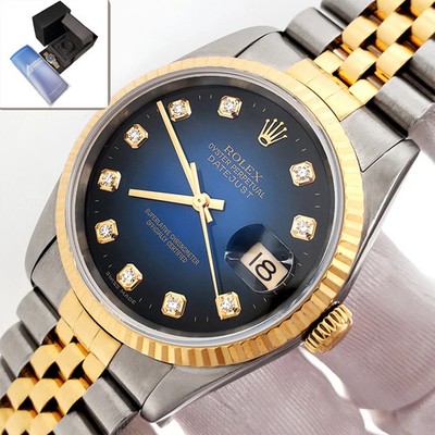 2001 Rolex Datejust Blue Vignette Diamond Yellow Gold/Steel 36mm Watch 16233