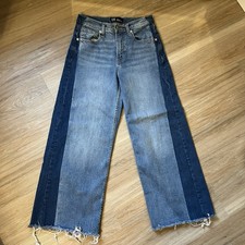 GAP High Rise Wide Leg Crop Two-Tone Raw Hem Jeans Size 27 Denim Stretch