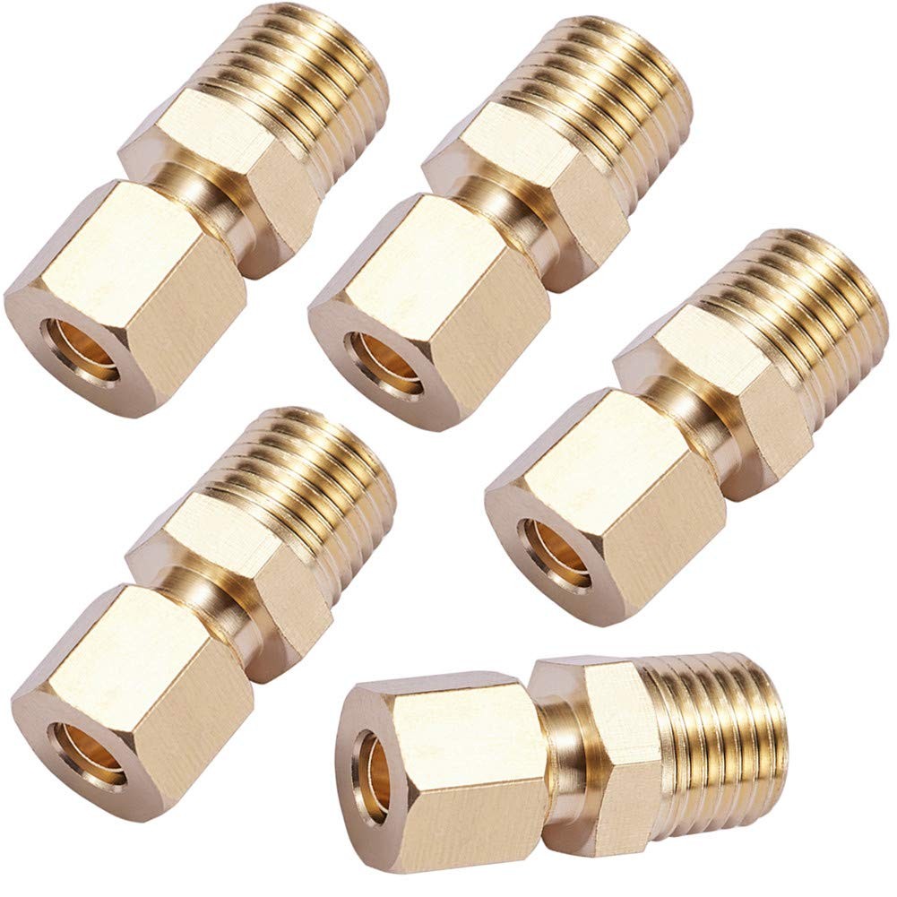 5 Pack Brass Compression Fittings – 1/4" OD x 1/4" NPT Male Couplers