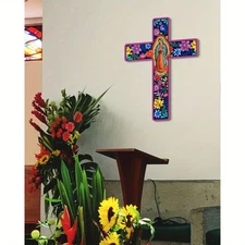 12in 2D Flat Bohemian Cross Wooden Wall Art with Colorful Floral Design Wooden C