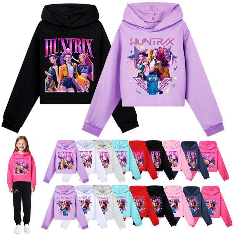 Hilinker Girls 3-Piece Outfit Set - Graphic Hoodie, Crop Tank & Sweatpants (Purple/Black, 11-12 Years)