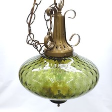 Vintage Mid Century Modern Green Art Glass Brass Pendant Light Lamp Fixture MCM