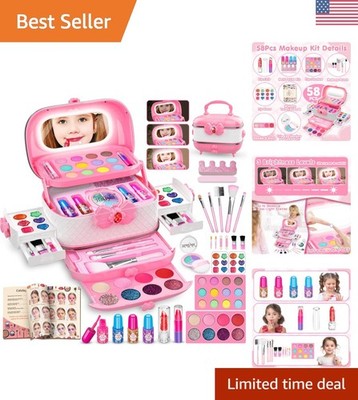 Deluxe 58-Piece Makeup Set for Girls with Washable Cosmetics & Glow Mirror