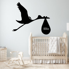 Stork Delivering a Baby Personalised Name Vinyl Wall Sticker - Nursery Decor