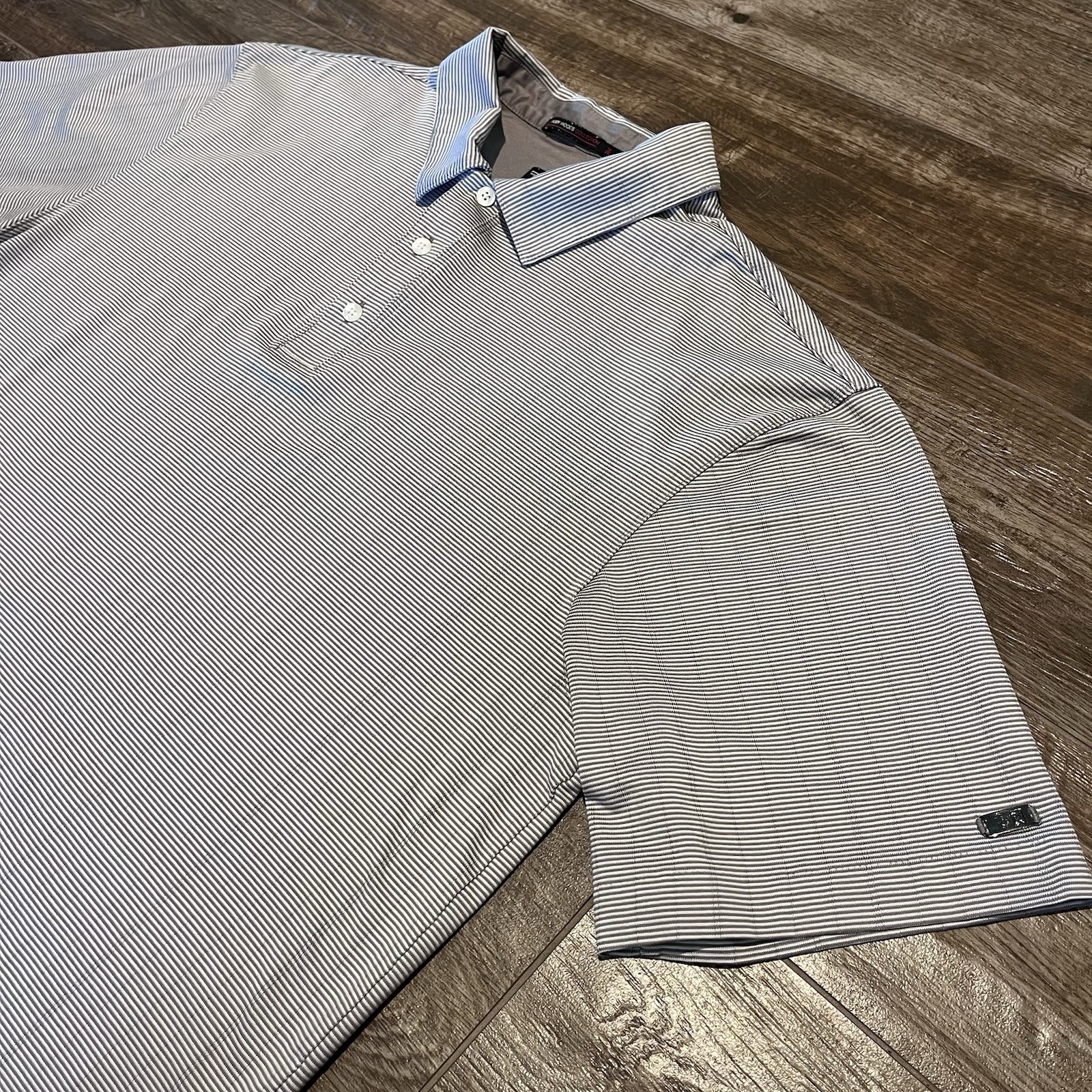 Vintage Nike Tiger Woods Shirt Mens XL Beige Striped FIT DRY Golf Polo