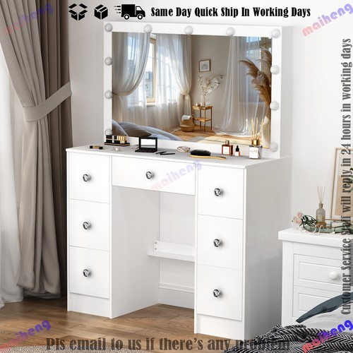 Large LED Lighted Mirror Makeup Dressing Desk Vanity Table with 7 Drawers White - Picture 11 of 12