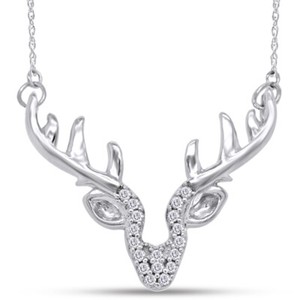 Authentic Round Real Natural Diamond Accent Deer Antler Pendant in 14K White Gold Plated