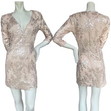 Lovers  Friends Beige Deep V Neck 3/4 Sleeve Floral Sequin Mini Dress Small.