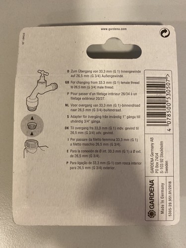 Gardena Adapter zum Übergang 33,3mm G1 Innengewinde auf 26,5mm G3/4 Außen 5305 - Bild 2 von 2
