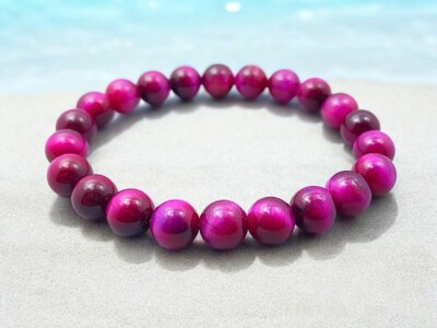 Magenta Tiger's Eye Stone Bracelet 8mm Pink Tiger Eye Stretch Bracelet Handmade