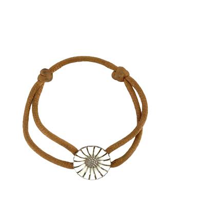 Signed Georg Jensen Sterling Daisy Brown Weaved Lace Cord Bracelet size 6 1/4
