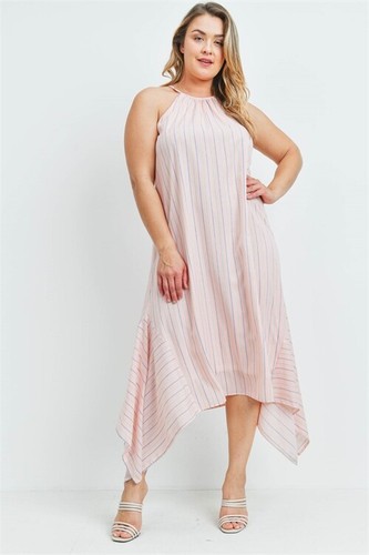 Womens Plus Size Peach Stripe Midi Maxi Dress 3XL Halter Neckline