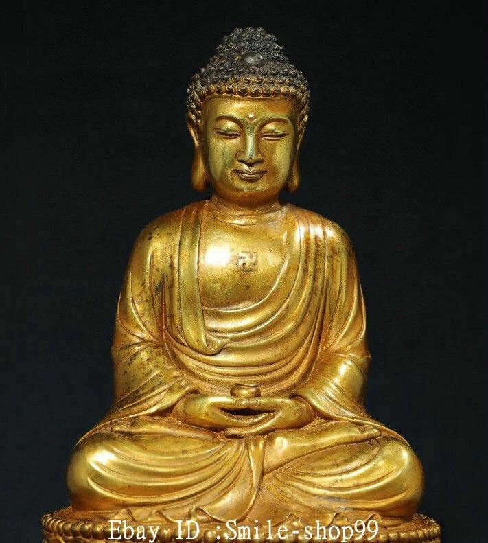 Estatua de Buda Shakyamuni Sakyamuni Amitabha dorado bronce puro tibetano antiguo de 11,4" Foto 2 de 4