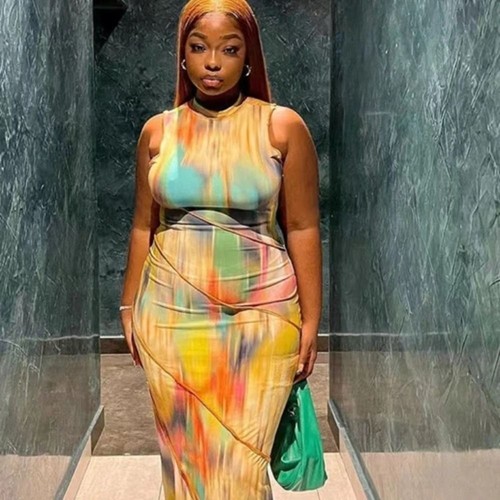 Sleeveless Print Ribbed Midi Dress Colorful Maxi Dress Girls