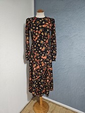 Mango Black Floral 70' Style Long-sleeved Viscose Midi Dress Size S