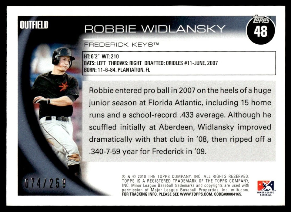 2010 Topps Pro Debut Blue 074/259 Robbie Widlansky 074/259 Frederick Keys #48 - Image 2 of 2