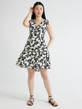 Scoop Women's V-Neck Poplin Mini Dress, Size S Black Soot Floral --A5--