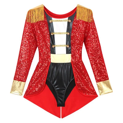 DE Damen Halloween Kostüm Zirkus Body Pailletten Zirkusdirektor Langarm Jumpsuit - Bild 1 von 2