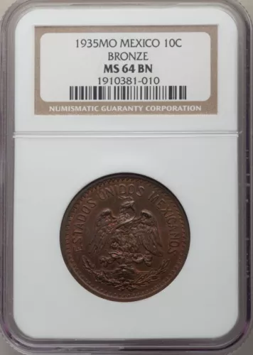 MEXICO ESTADOS UNIDOS 1935 10 CENTAVOS COIN CERTIFIED UNCIRCULATED NGC MS64-BN