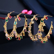 Gold Plated Cubic Zirconia Tassel Dangle Big Circle CZ Charm Hoop Earrings Women