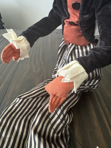 Halloween Pumpkin Man Shelf Sitter Doll Vintage Style Black Hat Striped Pants - Picture 5 of 24
