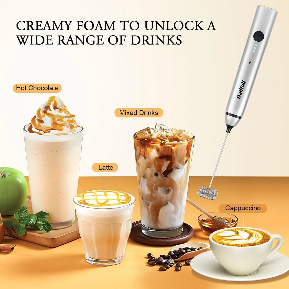 Milk Frother Handheld, USB Rechargeable Electric Frother Wand for Coffee, 3 Spee