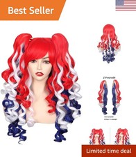 Long Curly Cosplay Wig with 2 Ponytails Red/White/Blue