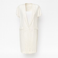 80s Cream Pleated Shift Dress Size L Nautical Minimalist Big Shoulder Pads
